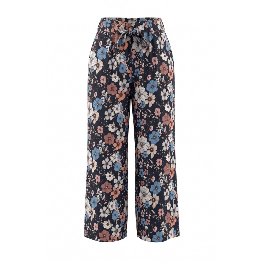 SHEIN Curve Floral Wide‎ Leg Pants 1XL Navy Blue Pink Paperbag Waist Tie Front